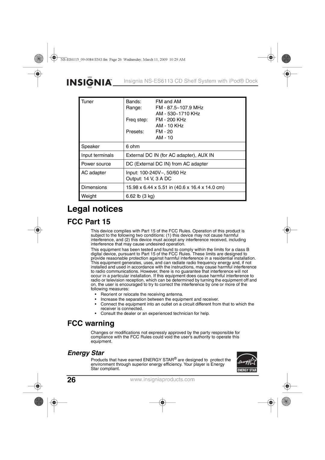 Insignia NS-ES6113 manual Legal notices, FCC Part, FCC warning, Energy Star 