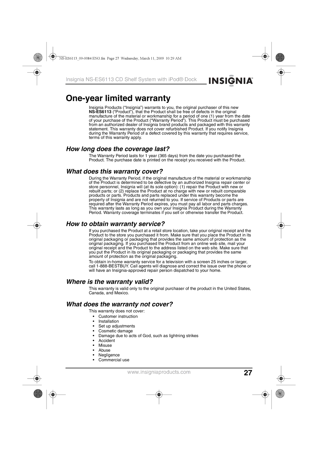 Insignia NS-ES6113 manual One-year limited warranty 