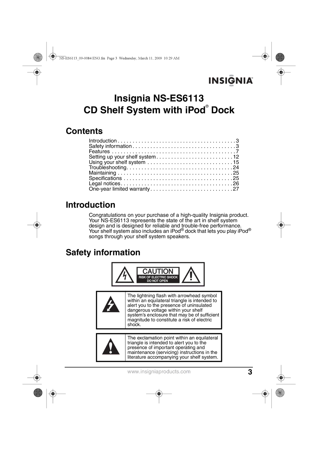 Insignia NS-ES6113 manual Contents, Introduction, Safety information 