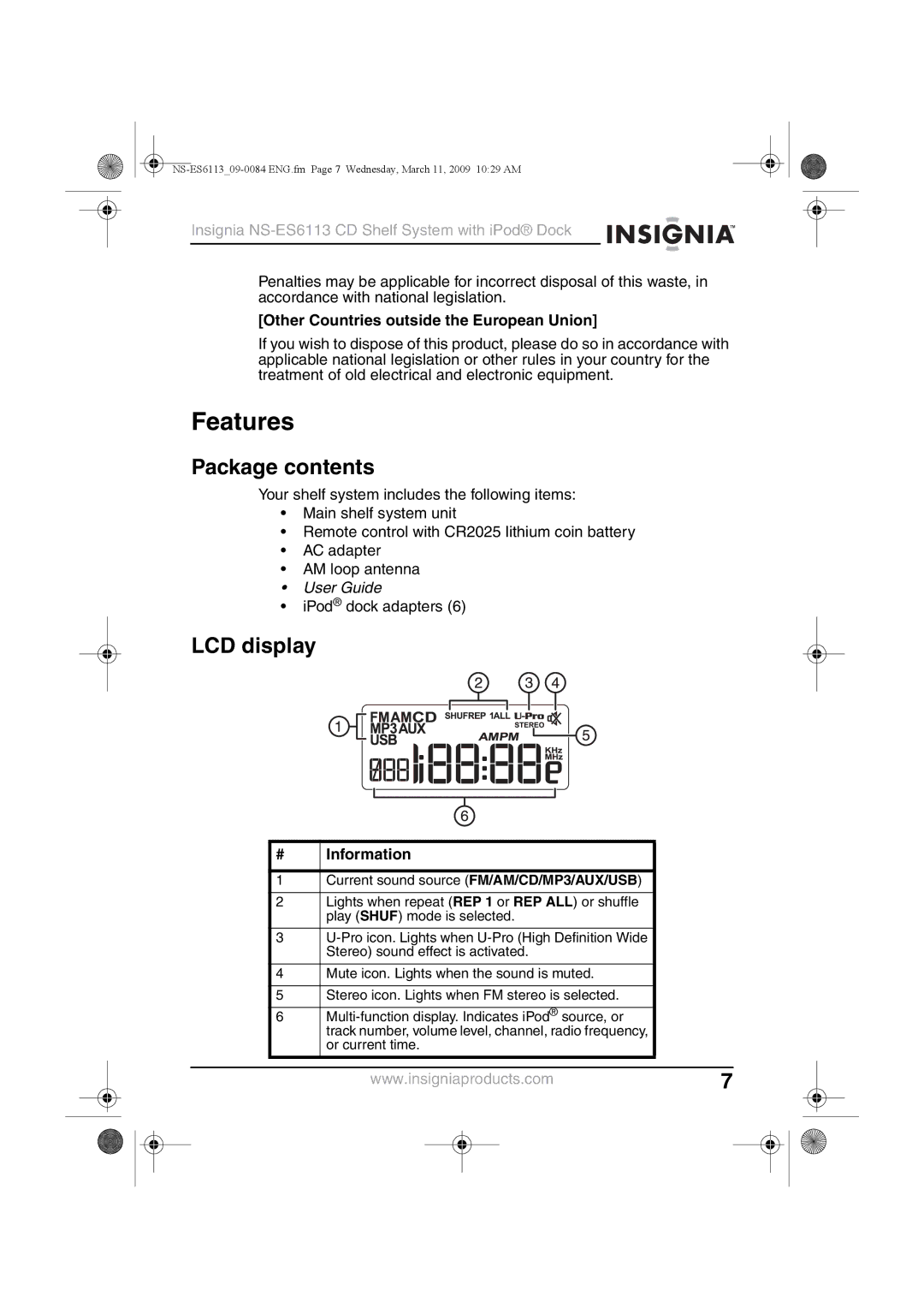 Insignia NS-ES6113 manual Features, Package contents, LCD display 