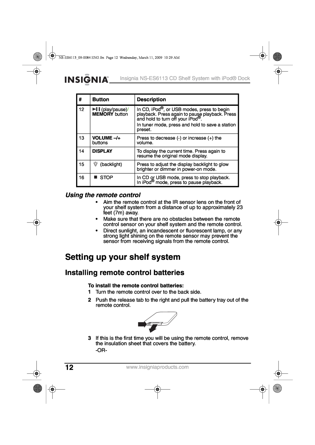 Insignia NS-ES6113 Setting up your shelf system, Installing remote control batteries, Using the remote control, Button 
