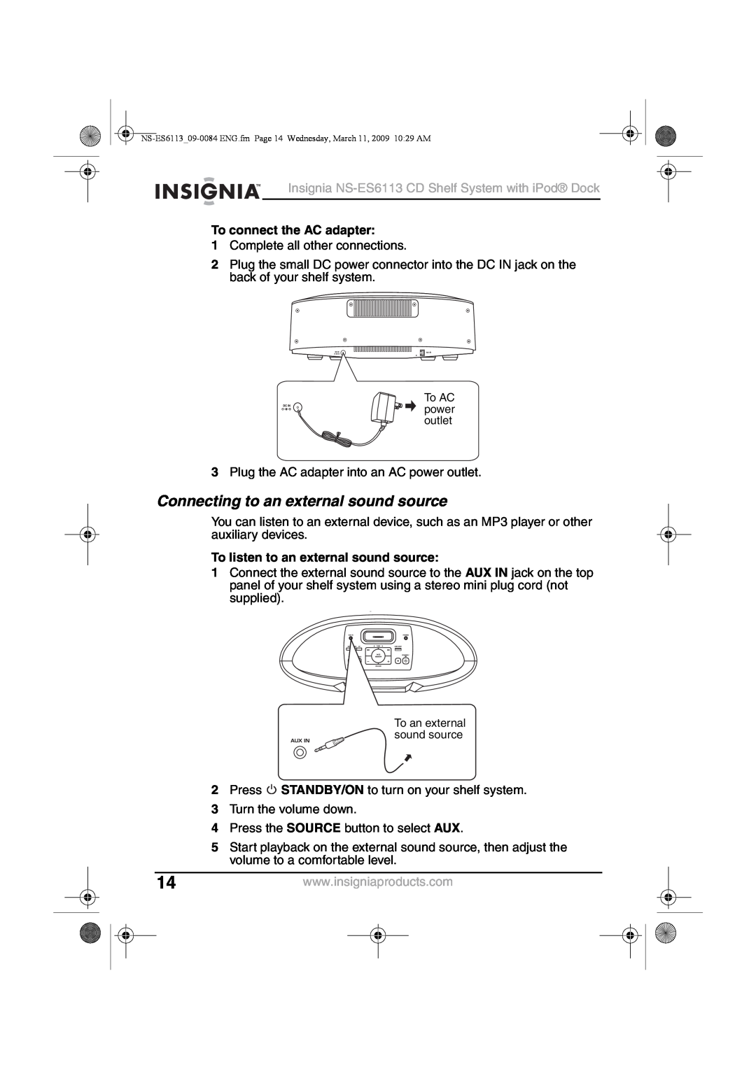 Insignia NS-ES6113 manual Connecting to an external sound source, To connect the AC adapter 