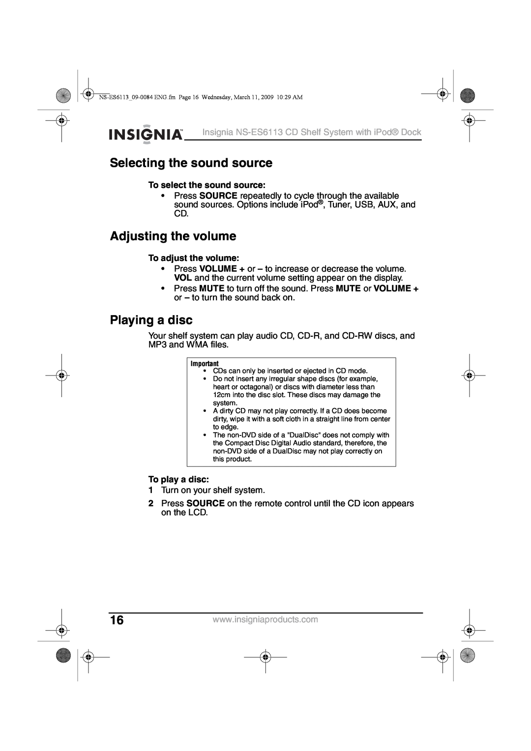 Insignia NS-ES6113 manual Selecting the sound source, Adjusting the volume, Playing a disc, To select the sound source 