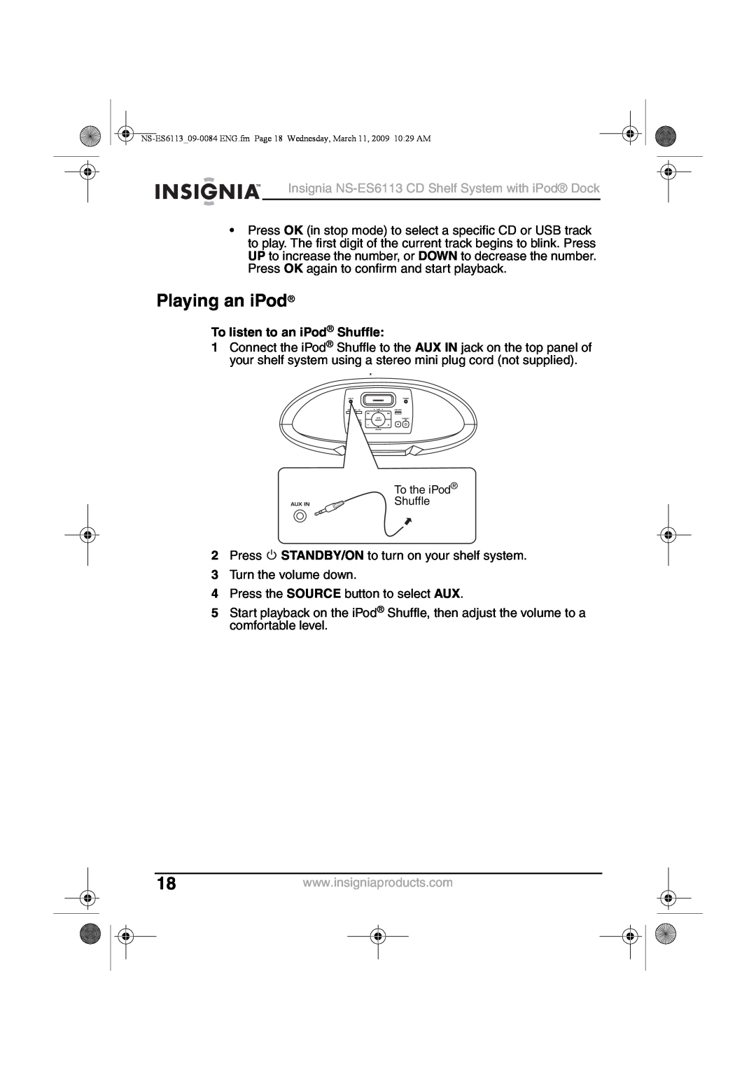 Insignia manual Playing an iPod, To listen to an iPod Shuffle, Insignia NS-ES6113CD Shelf System with iPod Dock 