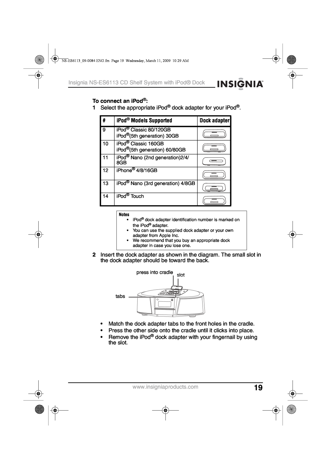 Insignia manual To connect an iPod, iPod Models Supported, Insignia NS-ES6113CD Shelf System with iPod Dock 
