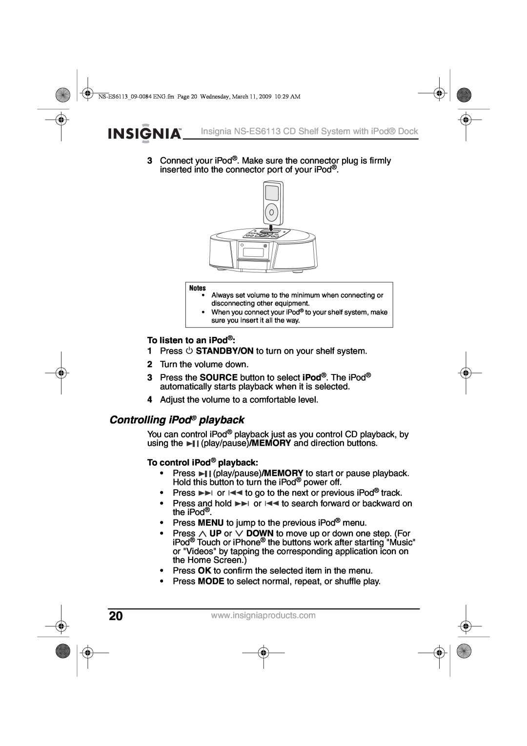 Insignia NS-ES6113 manual Controlling iPod playback, To listen to an iPod, To control iPod playback 