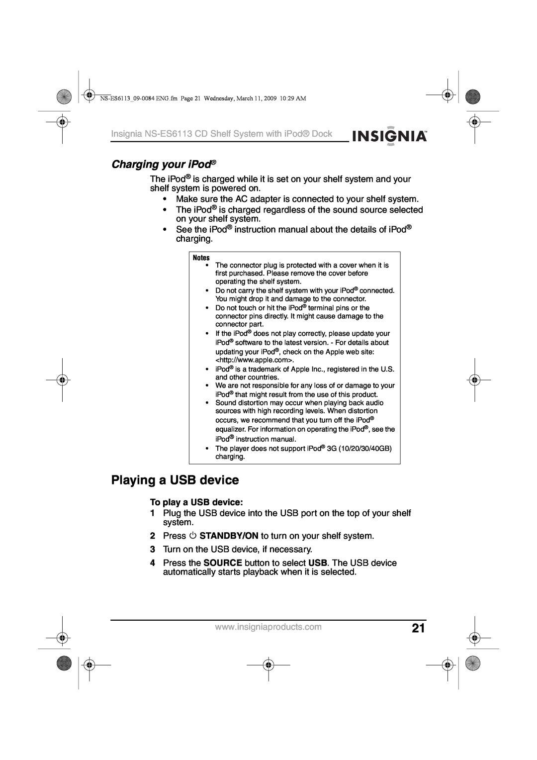Insignia NS-ES6113 manual Playing a USB device, Charging your iPod, To play a USB device 