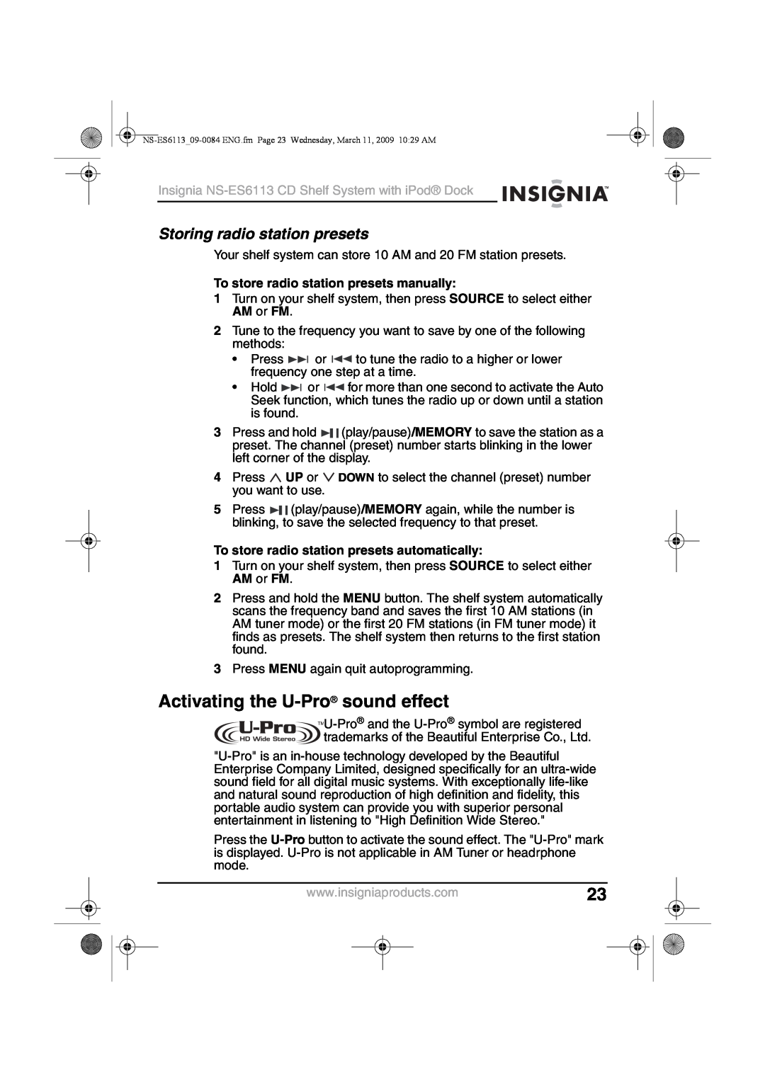 Insignia NS-ES6113 manual Activating the U-Pro sound effect, Storing radio station presets 