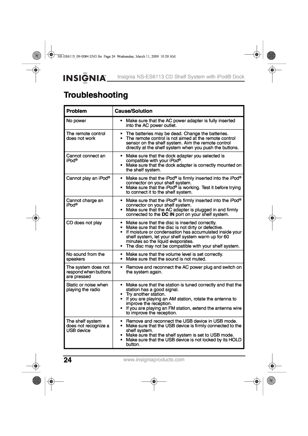 Insignia manual Troubleshooting, Problem, Cause/Solution, Insignia NS-ES6113CD Shelf System with iPod Dock 