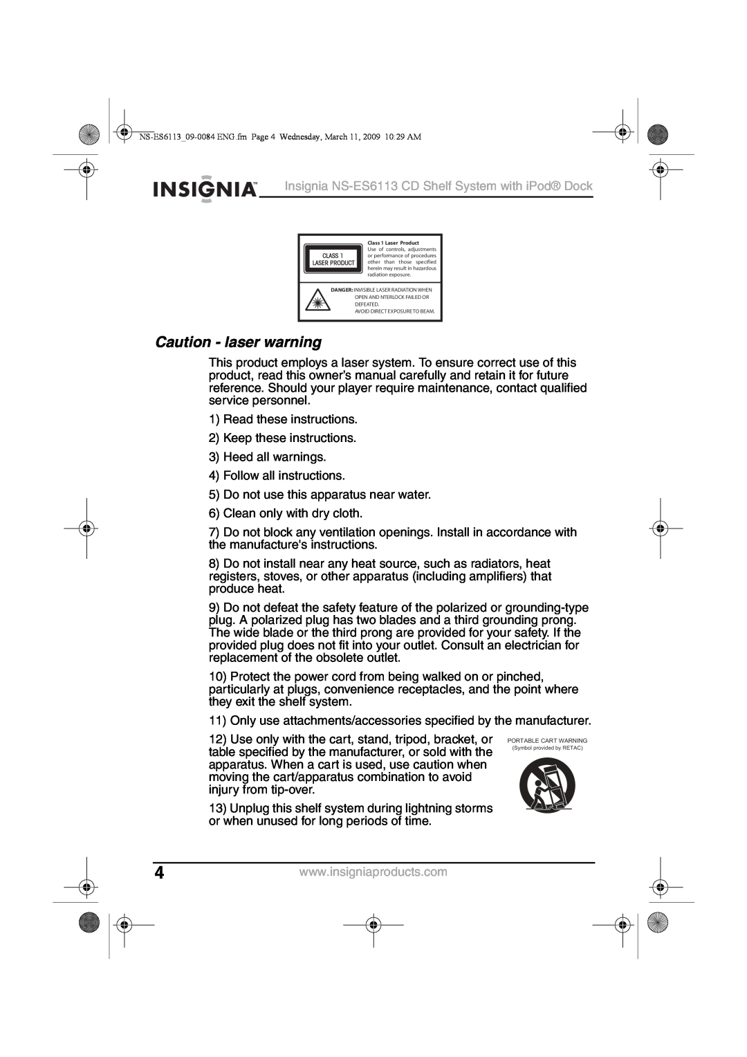 Insignia manual Caution - laser warning, Insignia NS-ES6113CD Shelf System with iPod Dock 
