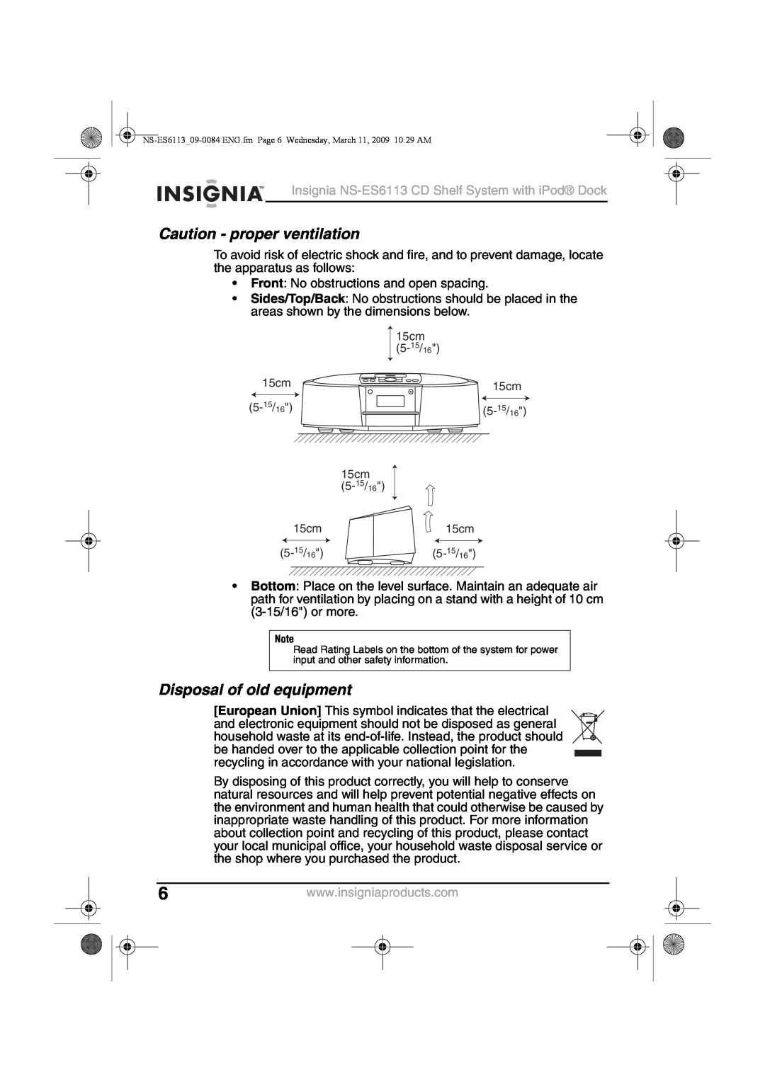 Insignia NS-ES6113 manual Caution - proper ventilation, Disposal of old equipment 
