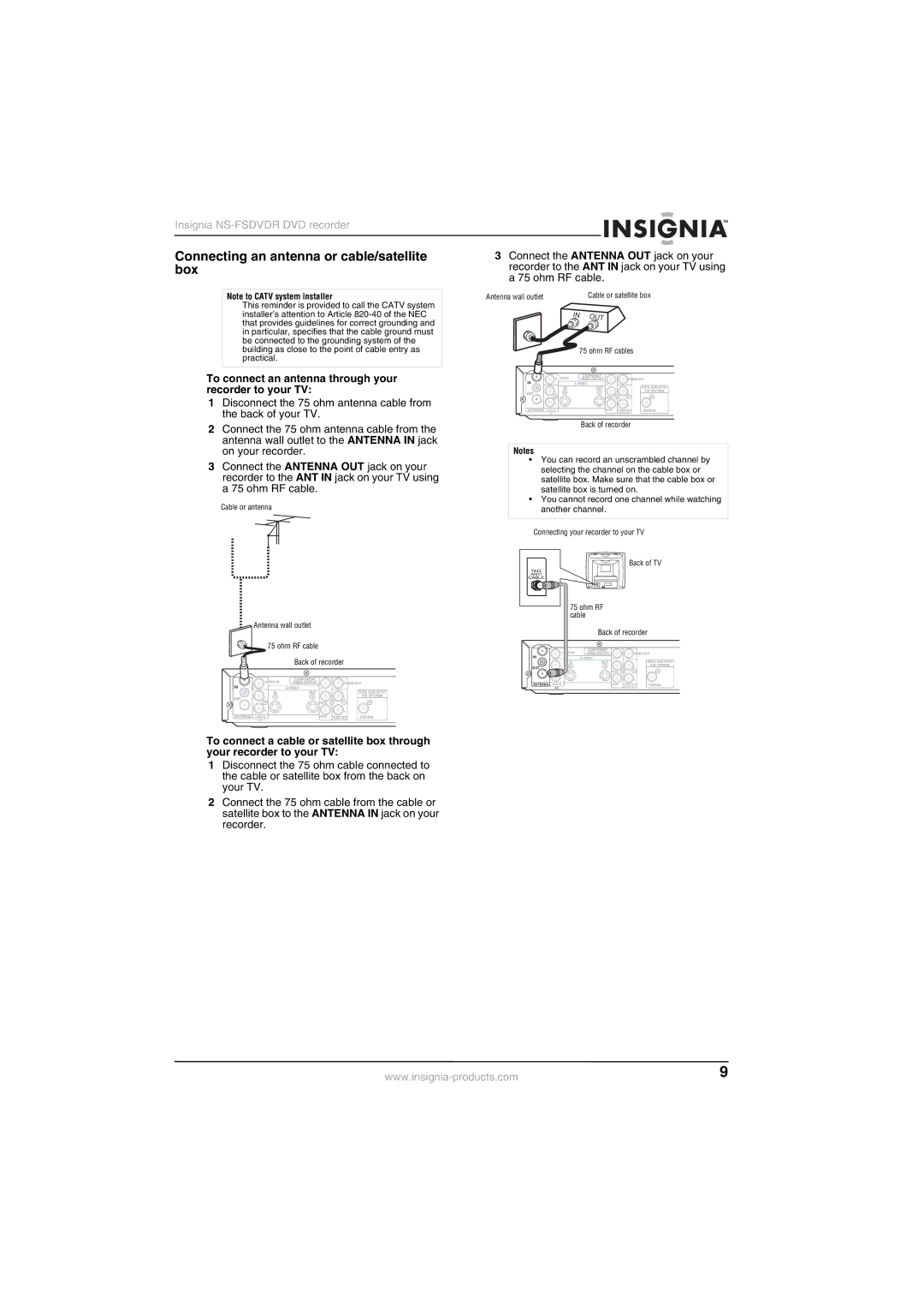 Insignia NS-FSDVDR Connecting an antenna or cable/satellite box, To connect an antenna through your recorder to your TV 