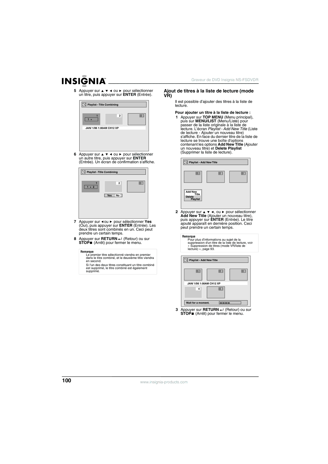 Insignia NS-FSDVDR manual Ajout de titres à la liste de lecture mode VR, Pour ajouter un titre à la liste de lecture 