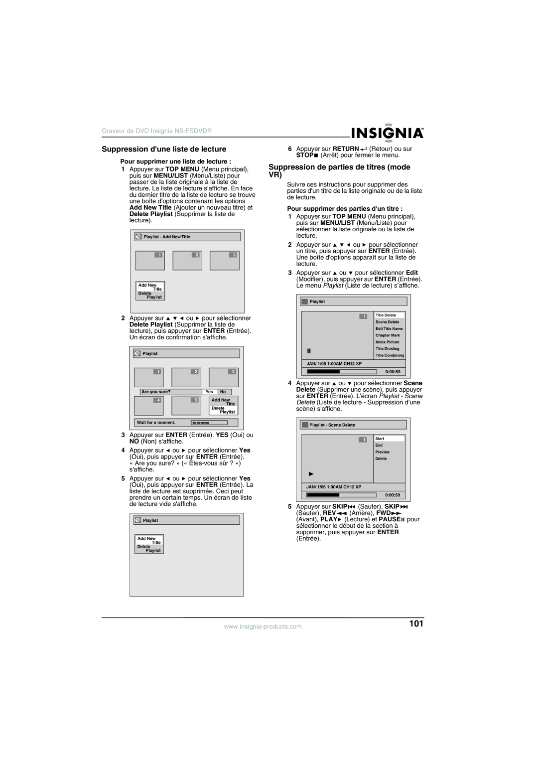 Insignia NS-FSDVDR manual Suppression dune liste de lecture, Suppression de parties de titres mode 