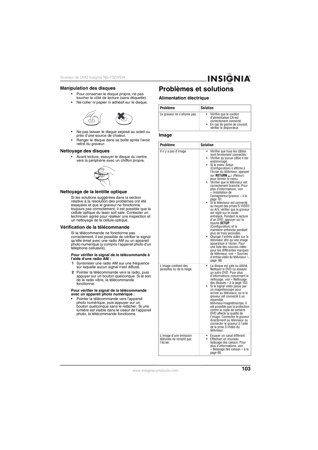 Insignia NS-FSDVDR manual Problèmes et solutions 