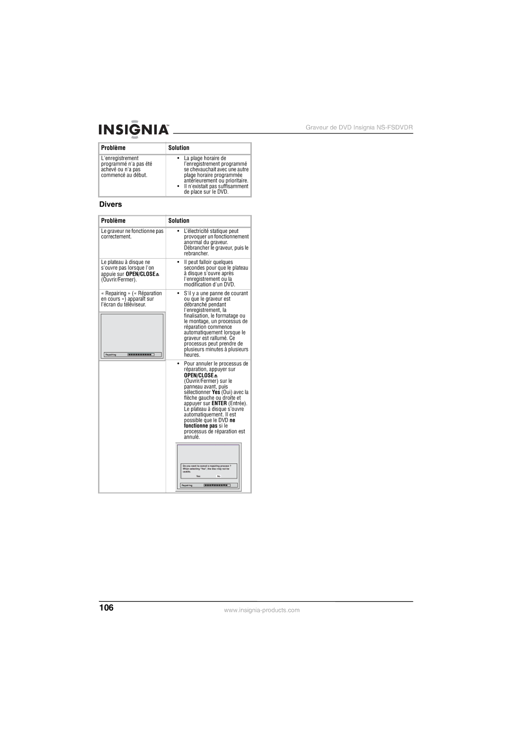 Insignia NS-FSDVDR manual Divers 