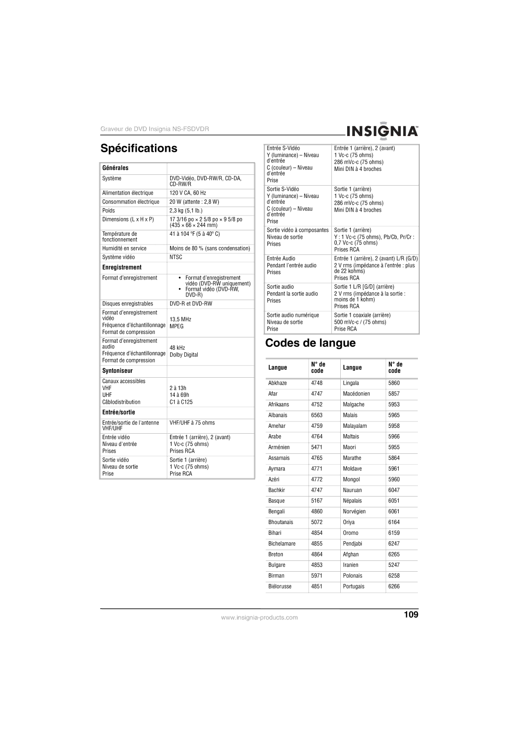 Insignia NS-FSDVDR manual Spécifications, Codes de langue 