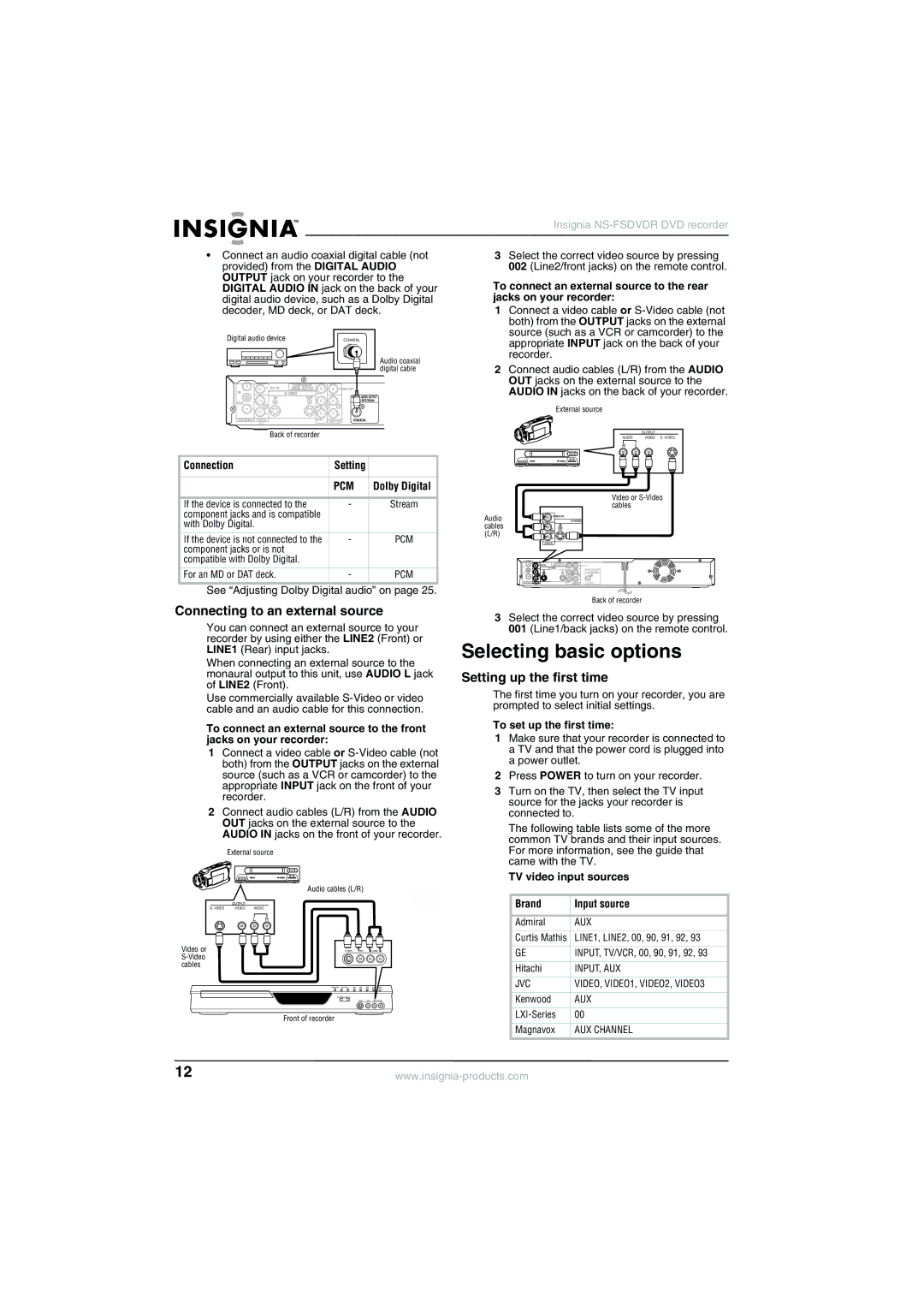 Insignia NS-FSDVDR manual Selecting basic options, Connecting to an external source, Setting up the first time 