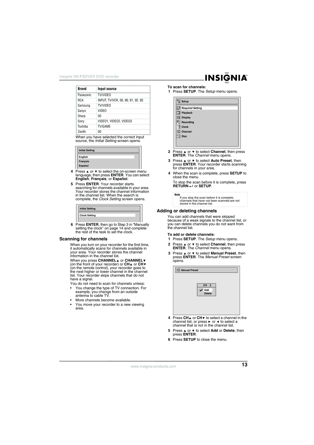 Insignia NS-FSDVDR manual Adding or deleting channels, Scanning for channels 