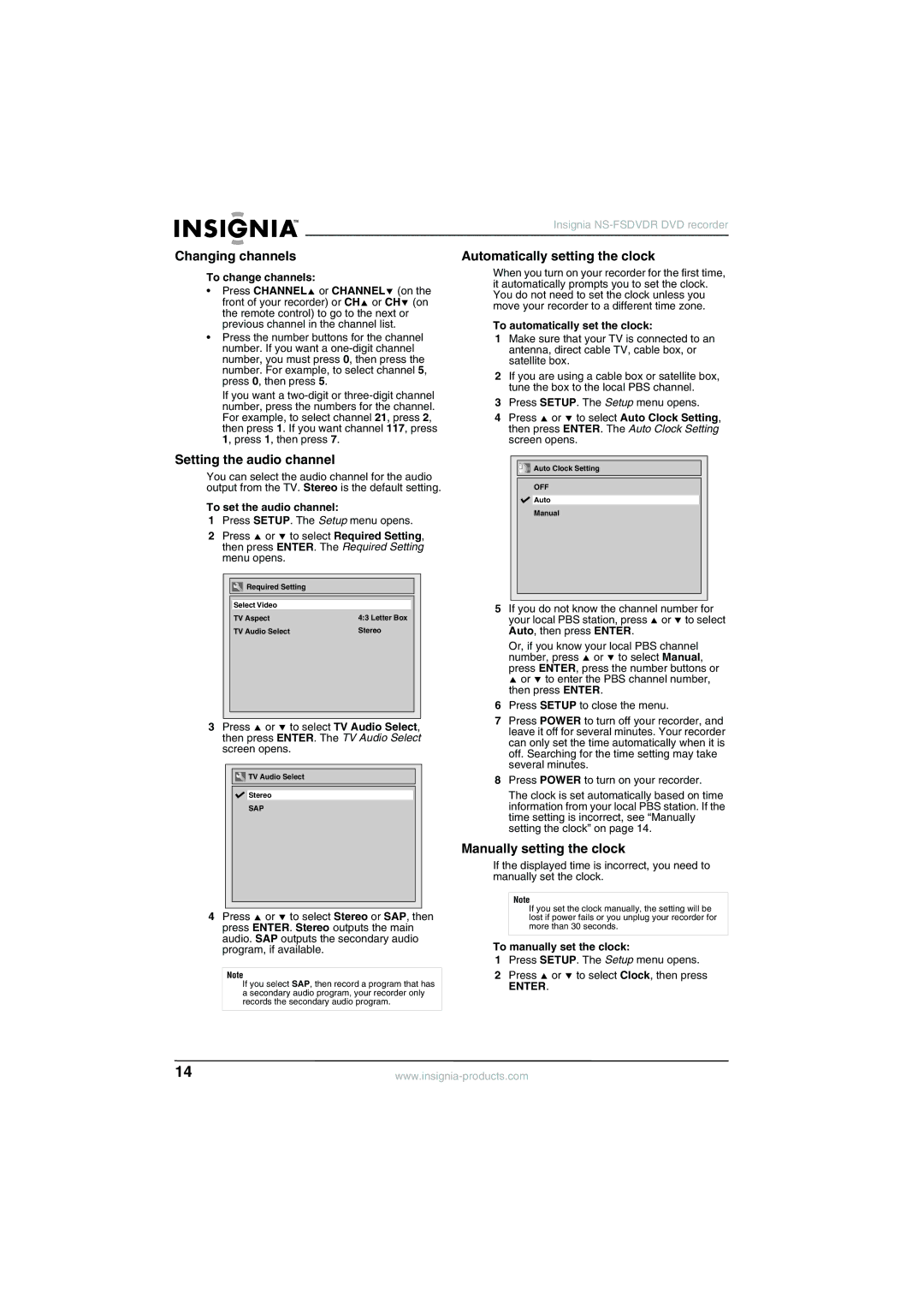 Insignia NS-FSDVDR manual Changing channels, Setting the audio channel, Automatically setting the clock 