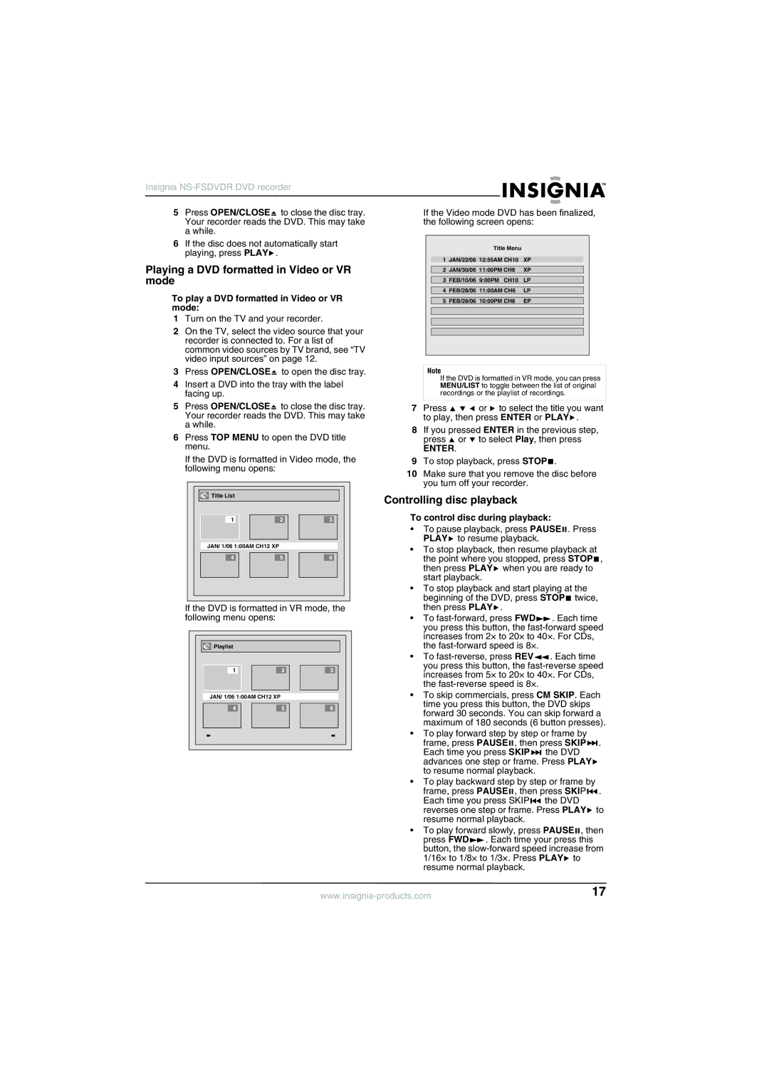 Insignia NS-FSDVDR Playing a DVD formatted in Video or VR mode, Controlling disc playback, To control disc during playback 