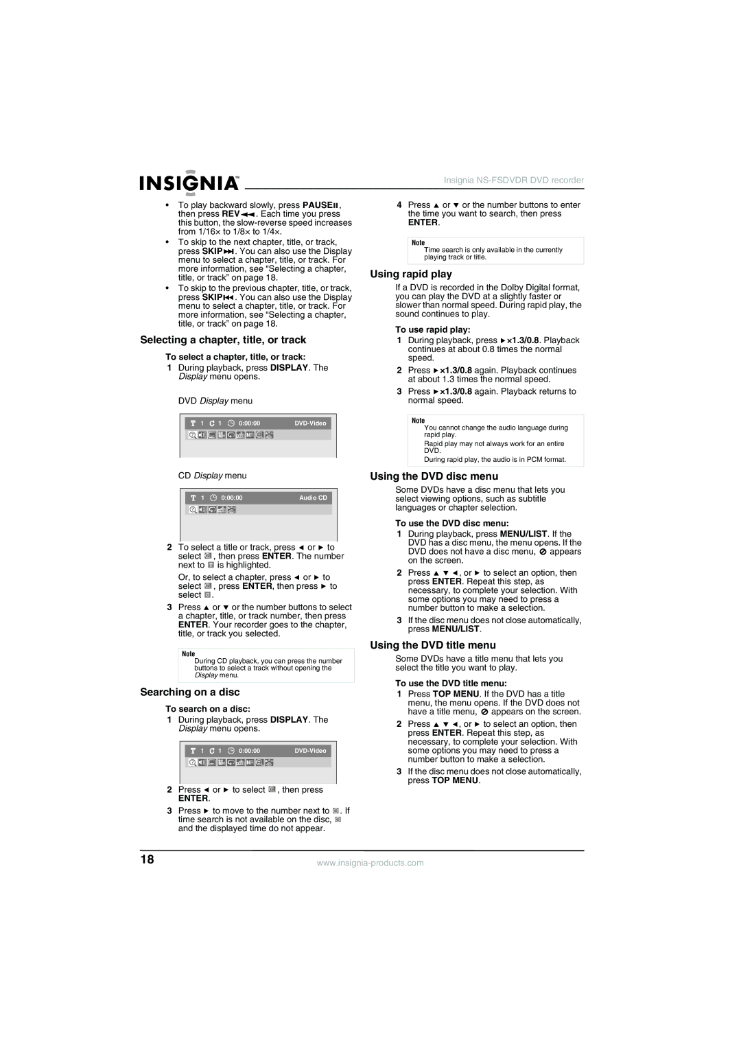 Insignia NS-FSDVDR Selecting a chapter, title, or track, Searching on a disc, Using rapid play, Using the DVD disc menu 