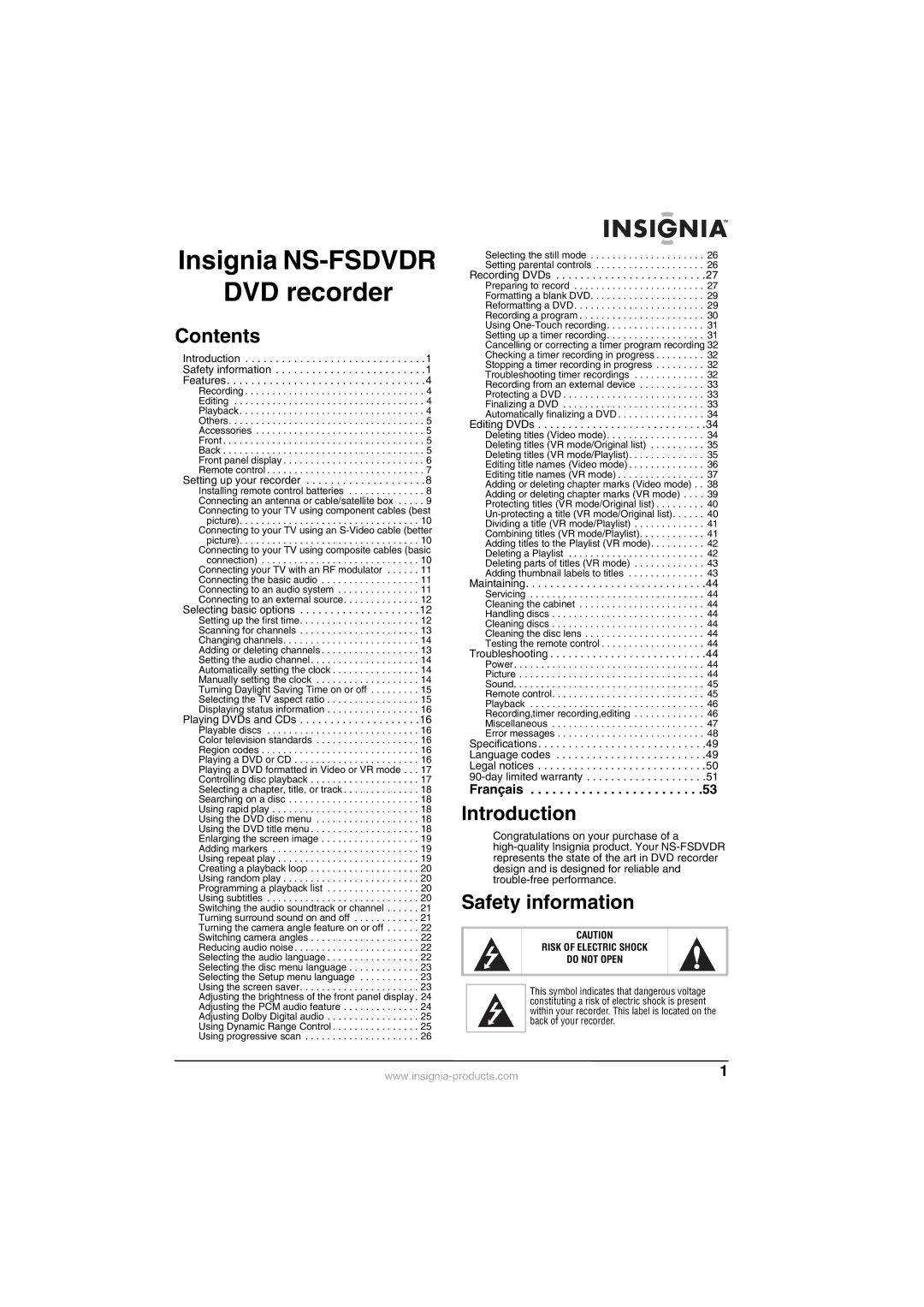 Insignia NS-FSDVDR manual Contents, Introduction, Safety information 