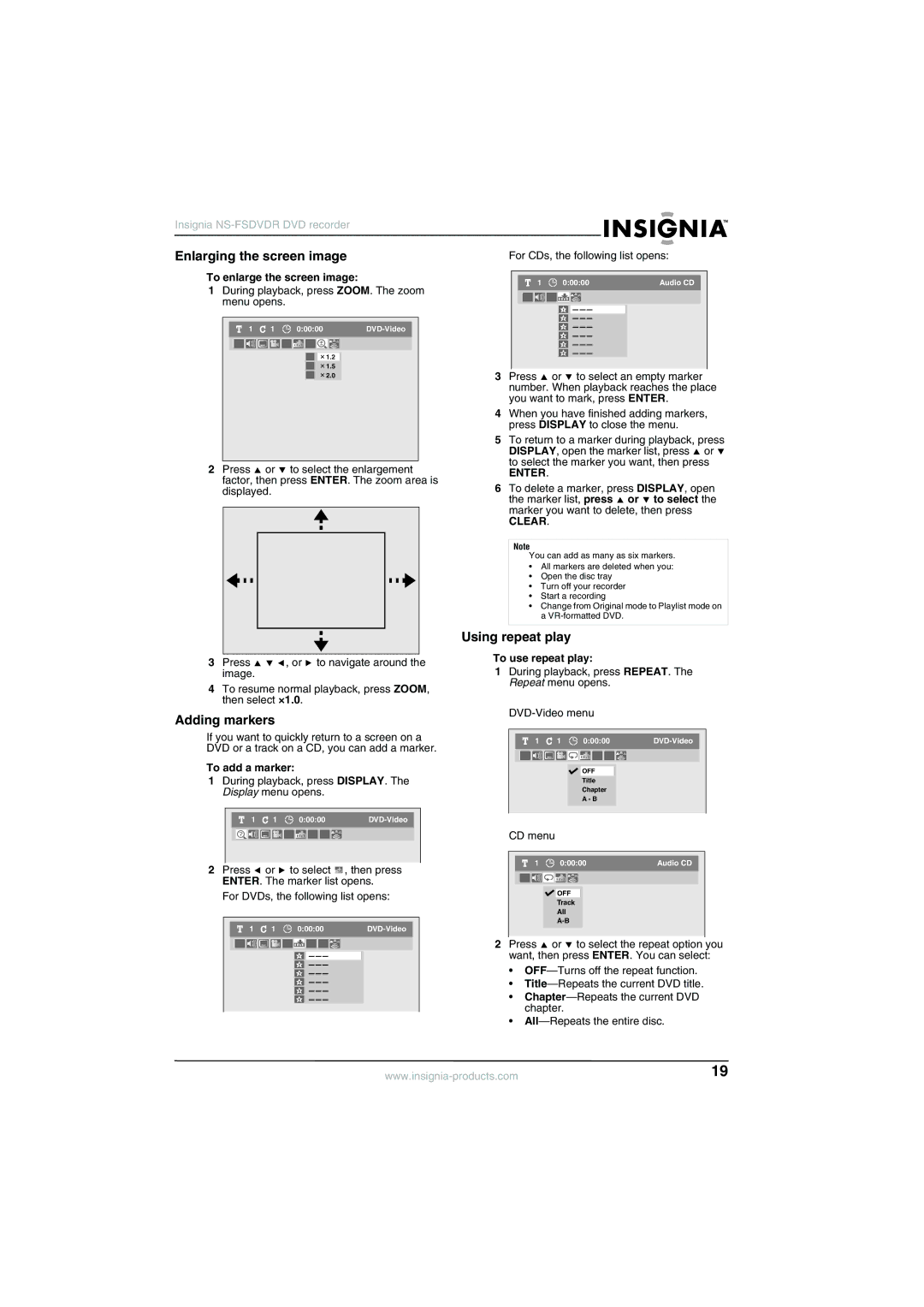 Insignia NS-FSDVDR manual Using repeat play, Adding markers, To add a marker, To use repeat play 