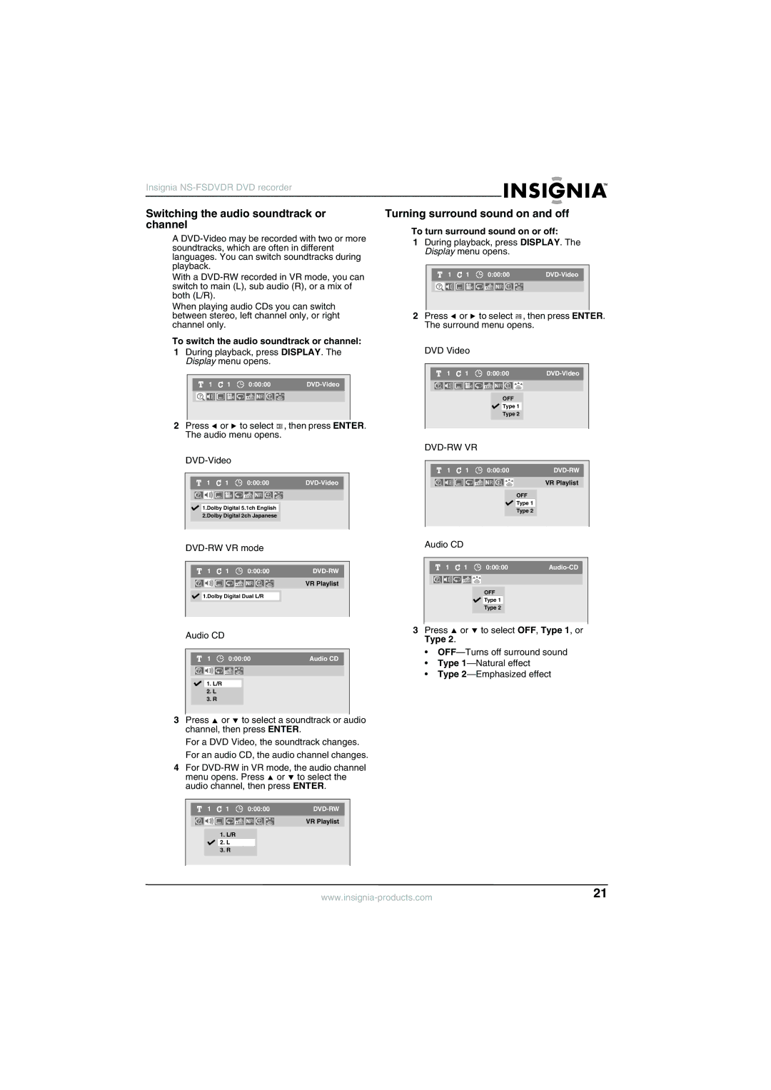 Insignia NS-FSDVDR manual To turn surround sound on or off, To switch the audio soundtrack or channel, Type 