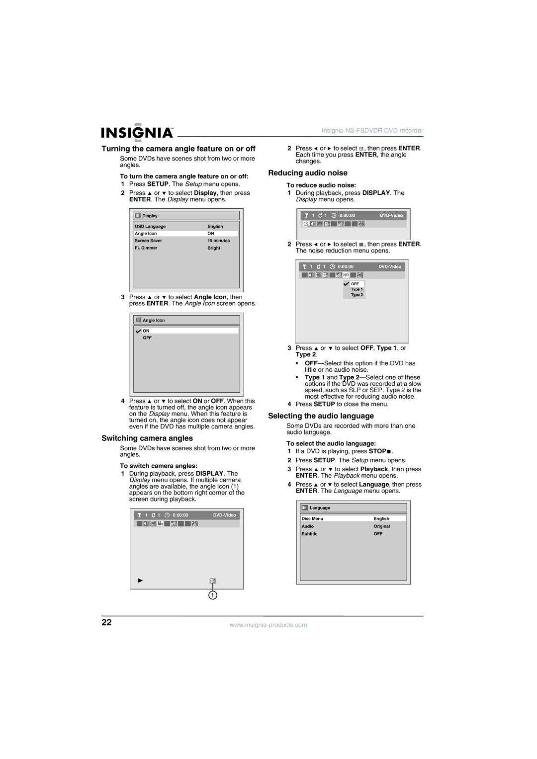 Insignia NS-FSDVDR manual Turning the camera angle feature on or off, Switching camera angles, Reducing audio noise 