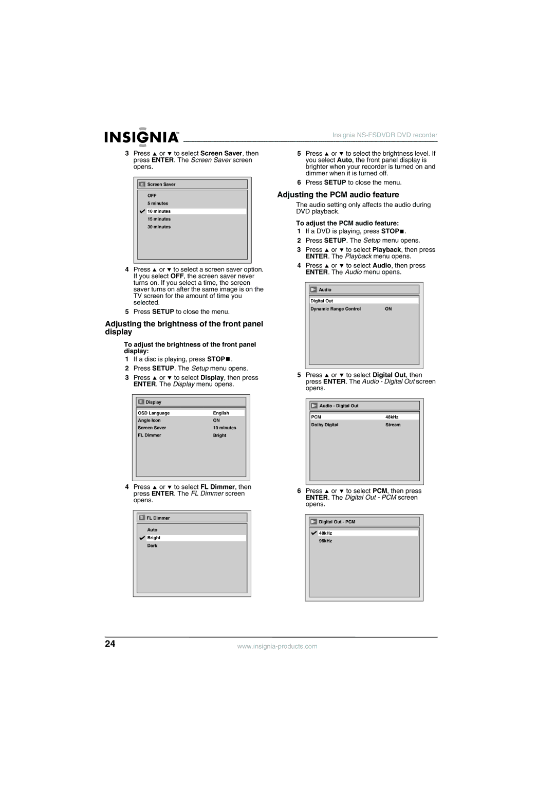 Insignia NS-FSDVDR manual Adjusting the brightness of the front panel display, Adjusting the PCM audio feature 