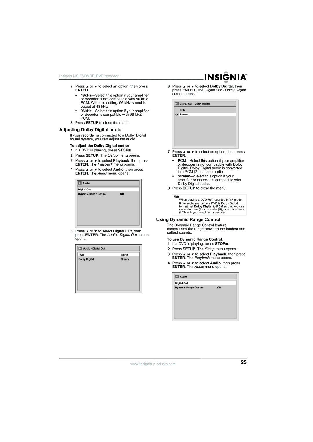 Insignia NS-FSDVDR manual Adjusting Dolby Digital audio, Using Dynamic Range Control, To adjust the Dolby Digital audio 