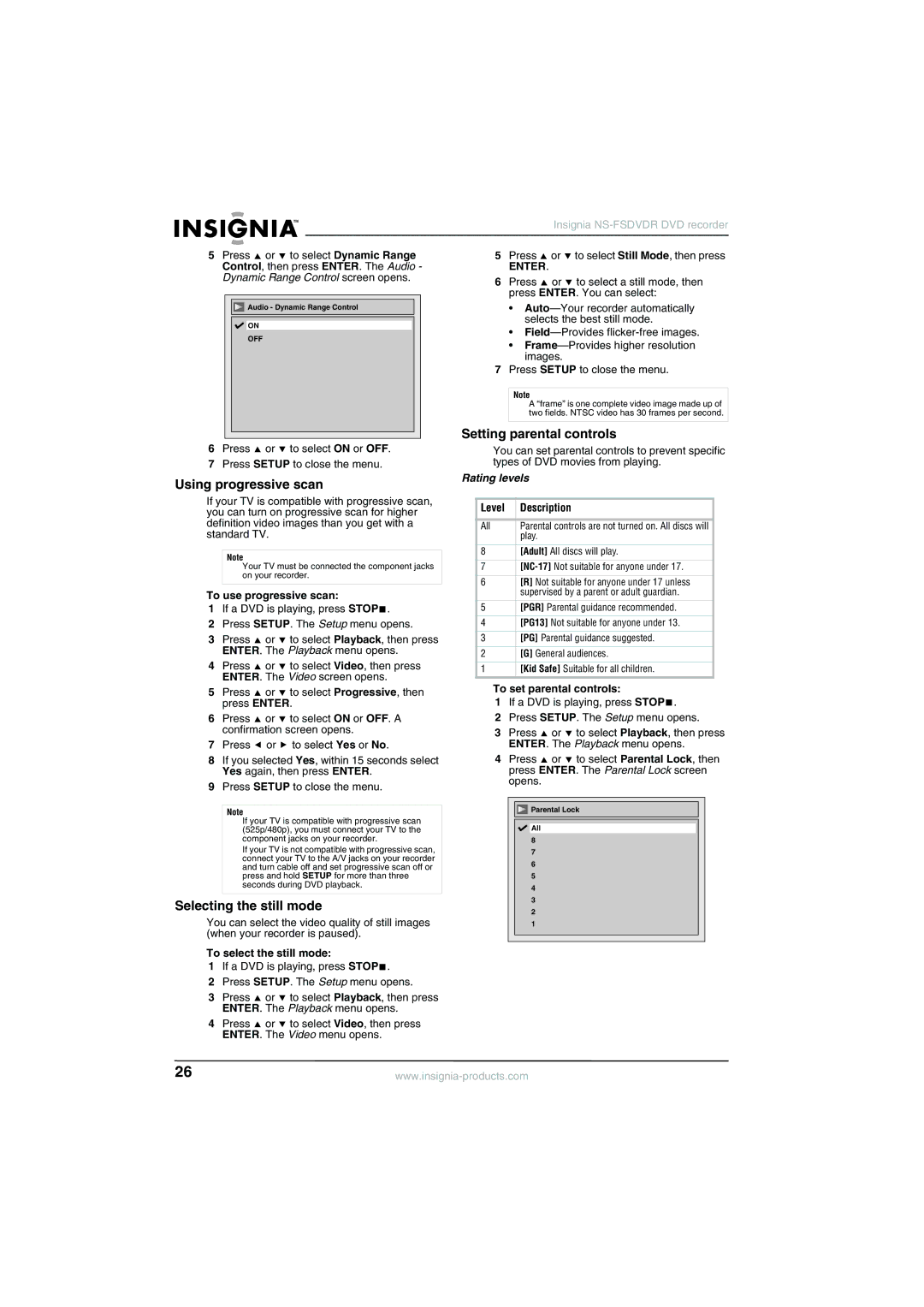 Insignia NS-FSDVDR manual Using progressive scan, Selecting the still mode, Setting parental controls, Rating levels 