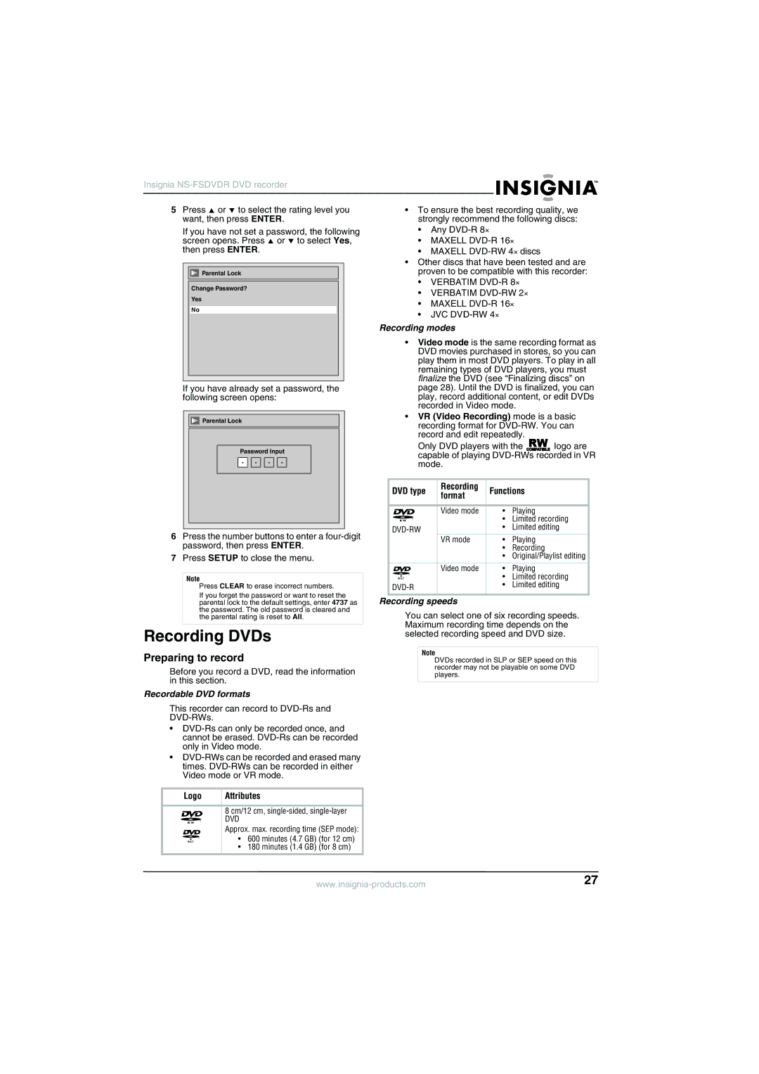 Insignia NS-FSDVDR manual Recording DVDs, Preparing to record, Recording modes, Recordable DVD formats, Recording speeds 