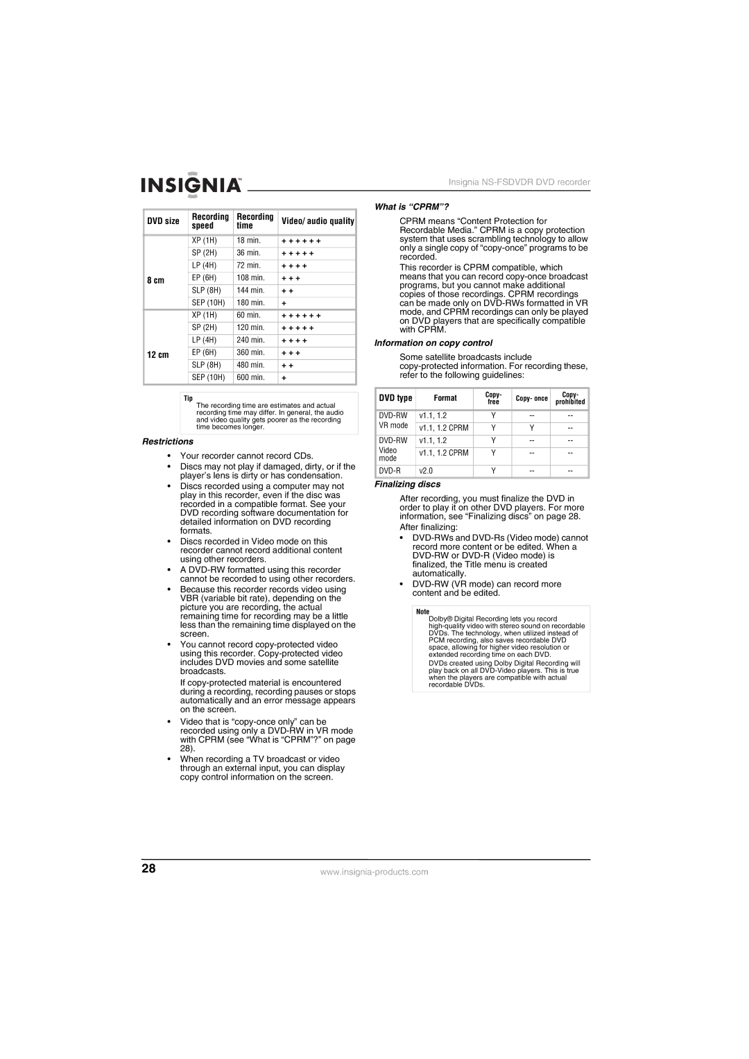 Insignia NS-FSDVDR manual Restrictions, What is CPRM?, Information on copy control, Finalizing discs 