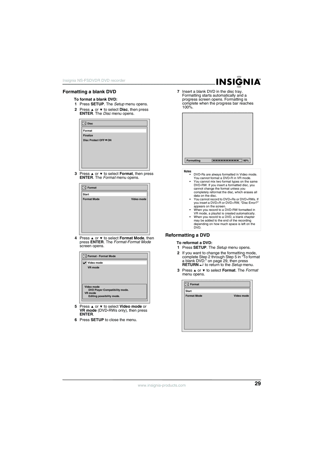 Insignia NS-FSDVDR manual Formatting a blank DVD, Reformatting a DVD, To format a blank DVD, To reformat a DVD 