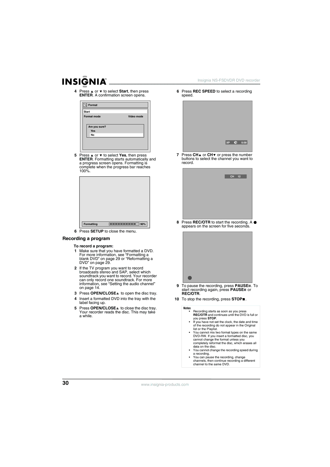 Insignia NS-FSDVDR manual Recording a program, To record a program 