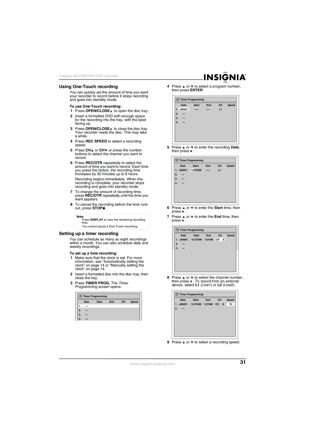 Insignia NS-FSDVDR manual Using One-Touch recording, Setting up a timer recording 