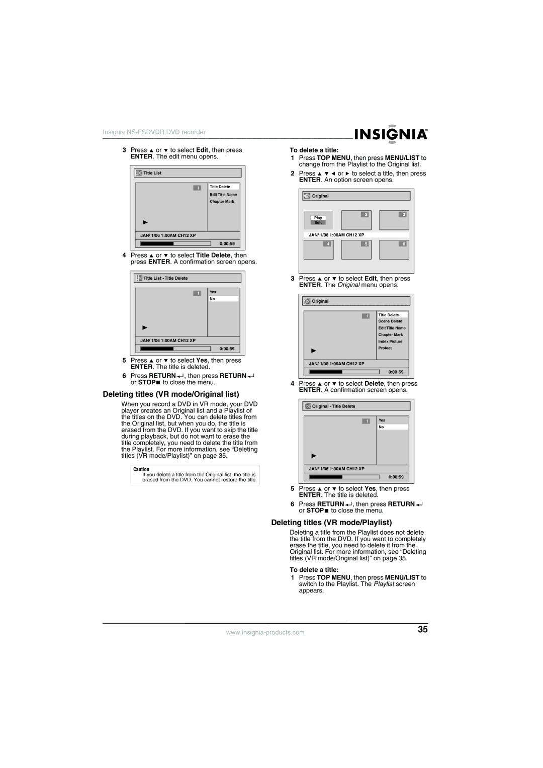 Insignia NS-FSDVDR manual Deleting titles VR mode/Original list, Deleting titles VR mode/Playlist, Press Return, Or Stop 