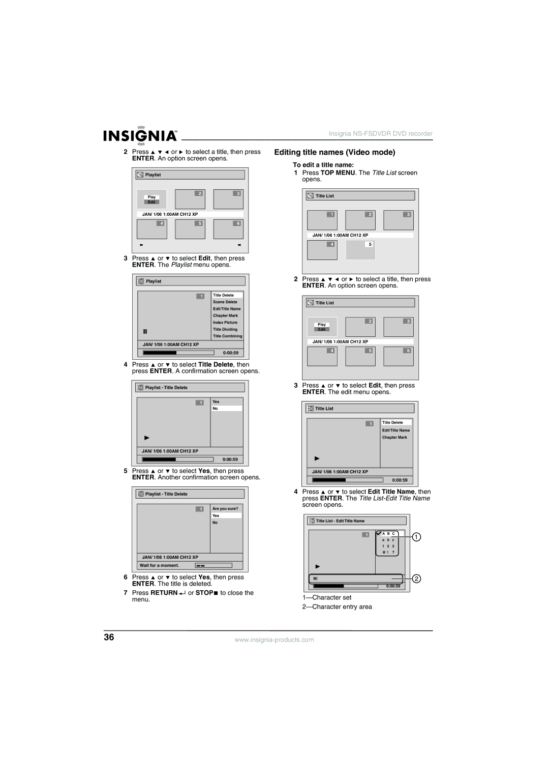 Insignia NS-FSDVDR manual Editing title names Video mode, To edit a title name, Character set 2-Character entry area 