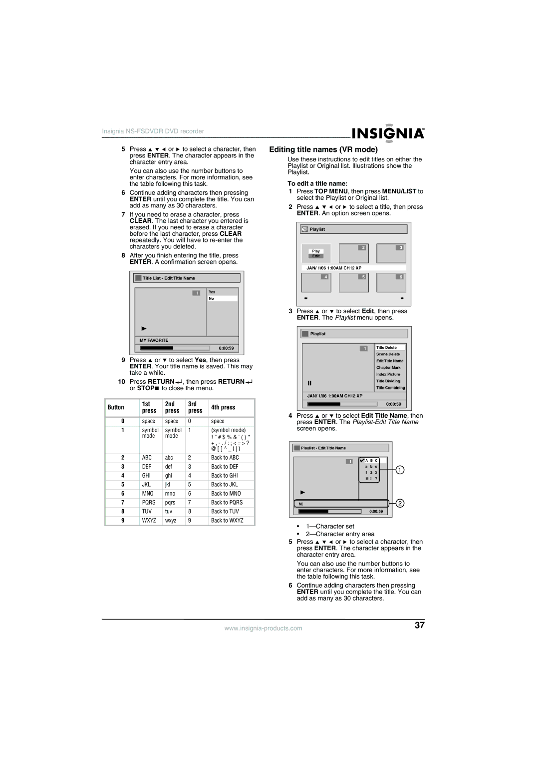 Insignia NS-FSDVDR manual Editing title names VR mode, 1st 2nd 3rd 4th press, Press 