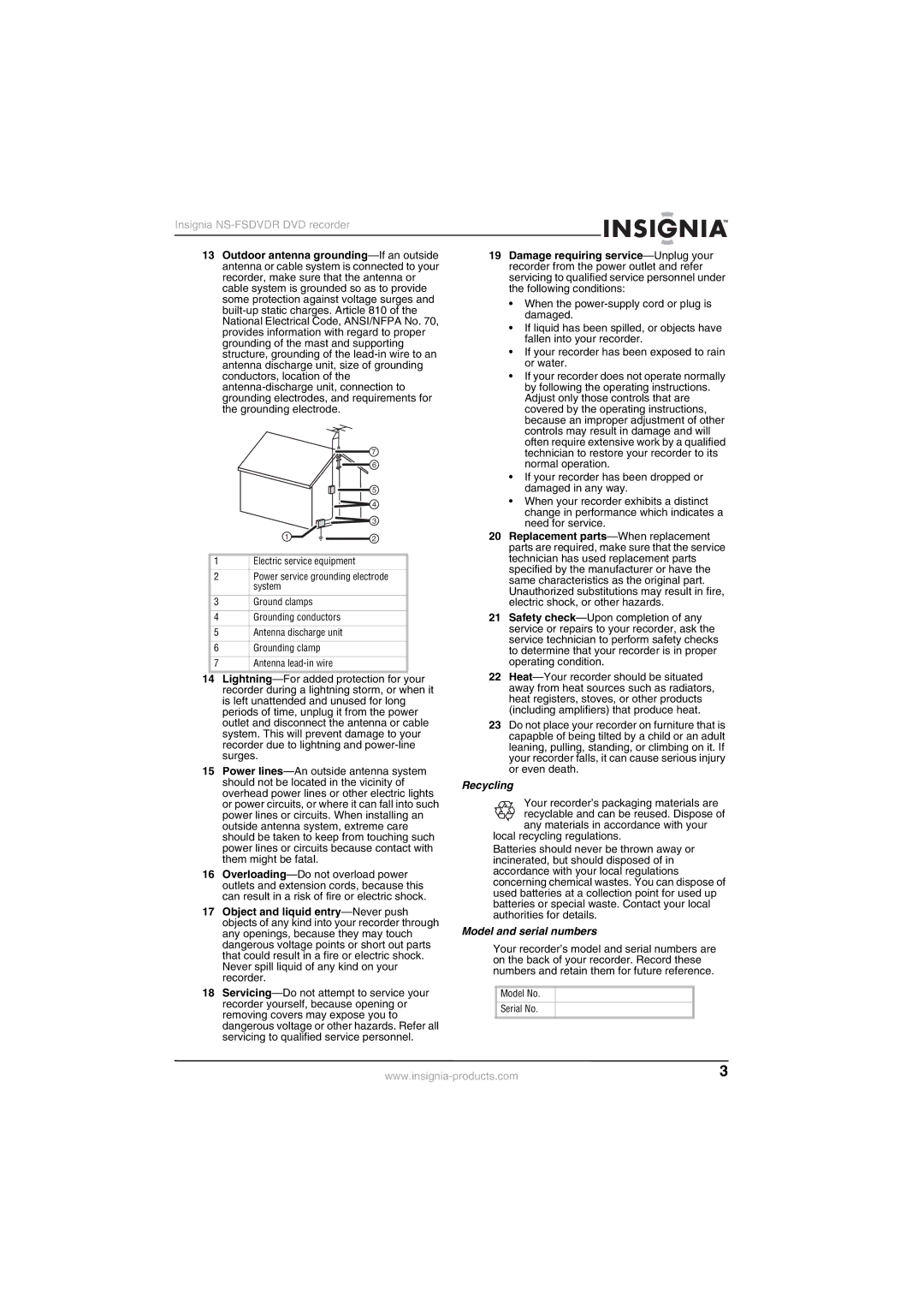 Insignia NS-FSDVDR manual Recycling, Model and serial numbers 