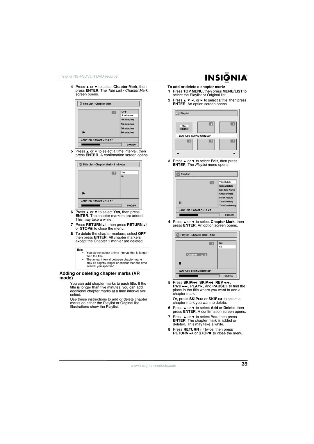 Insignia NS-FSDVDR manual Adding or deleting chapter marks VR mode, To add or delete a chapter mark 