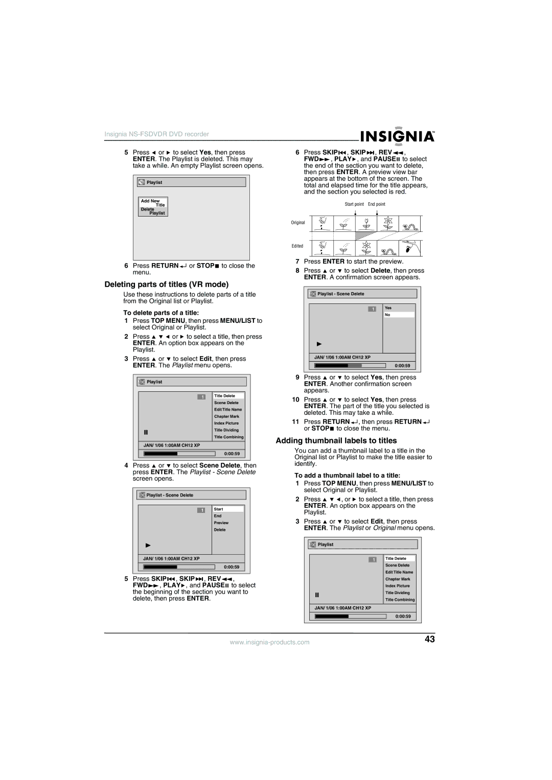 Insignia NS-FSDVDR manual Deleting parts of titles VR mode, Adding thumbnail labels to titles, Play , and Pause 