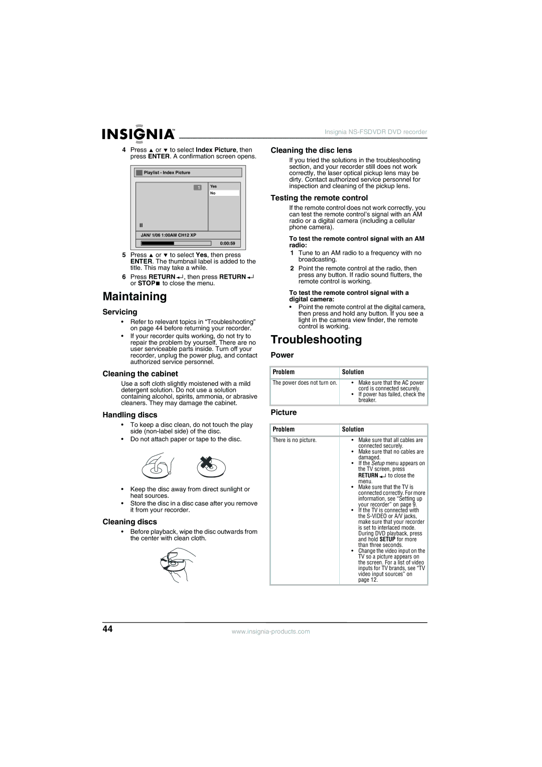 Insignia NS-FSDVDR manual Maintaining, Troubleshooting 