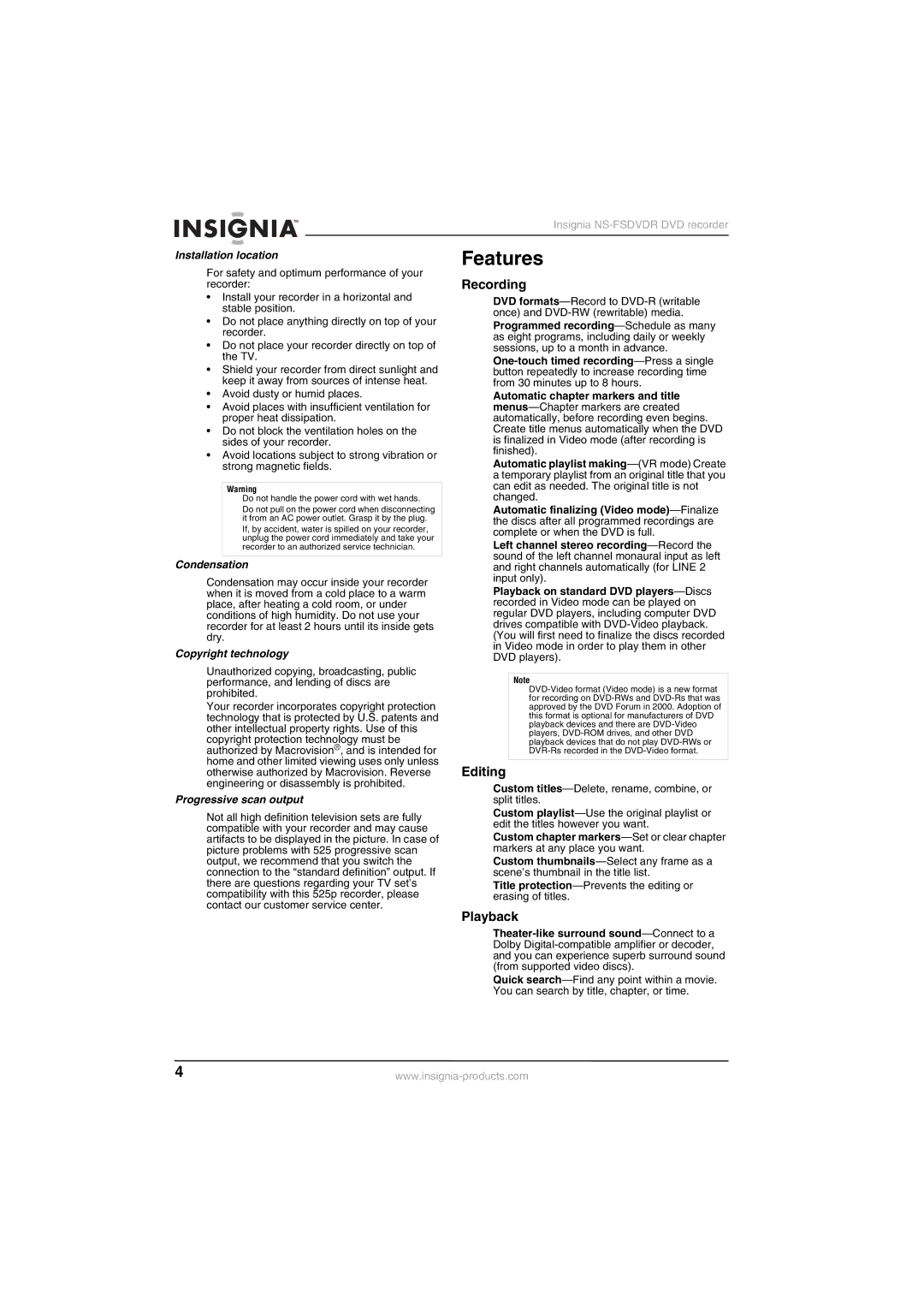 Insignia NS-FSDVDR manual Features, Recording, Editing, Playback 