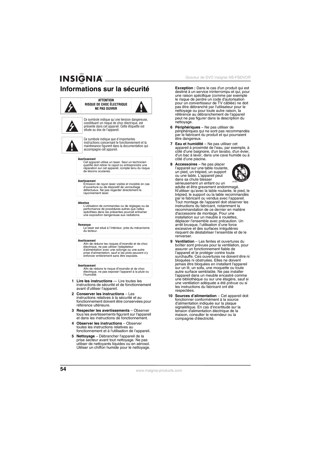 Insignia NS-FSDVDR manual Informations sur la sécurité, Risque DE Choc Électrique NE PAS Ouvrir 