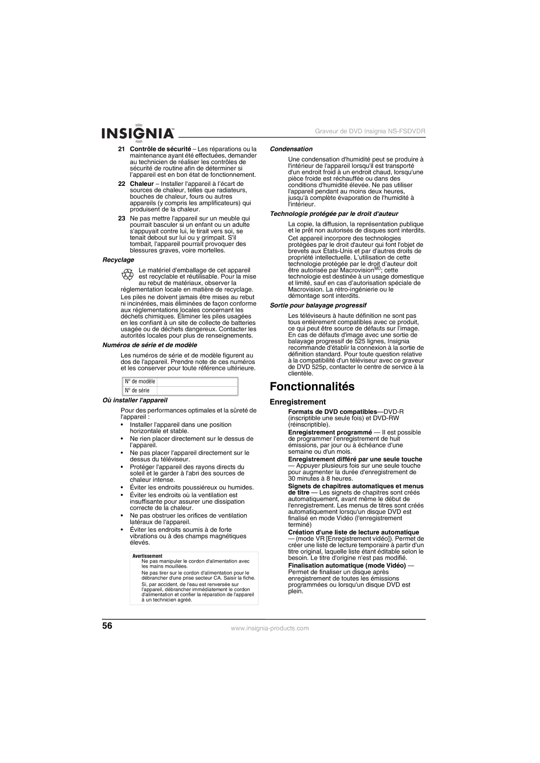 Insignia NS-FSDVDR manual Fonctionnalités, Enregistrement 