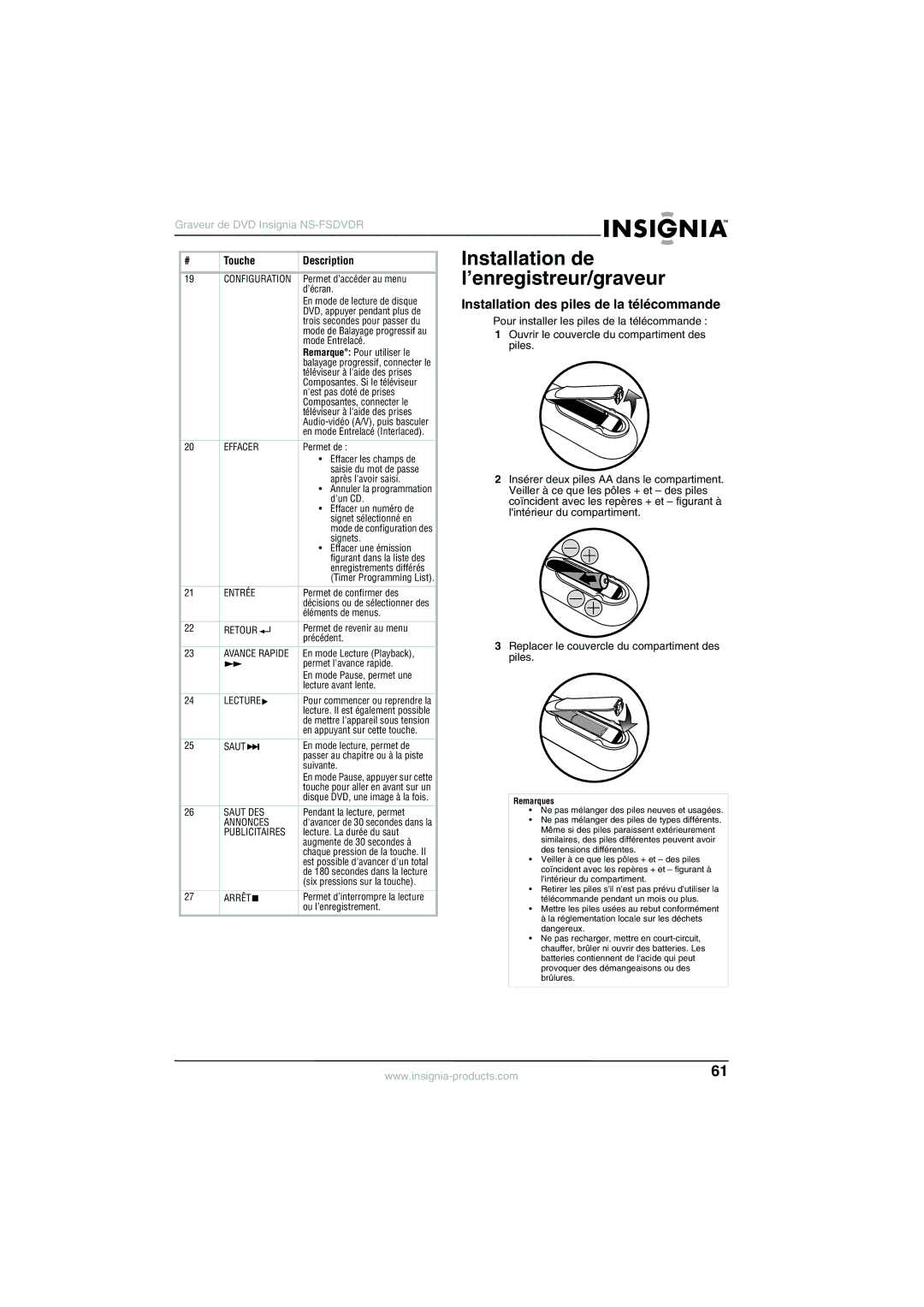 Insignia NS-FSDVDR manual Installation de l’enregistreur/graveur, Installation des piles de la télécommande 