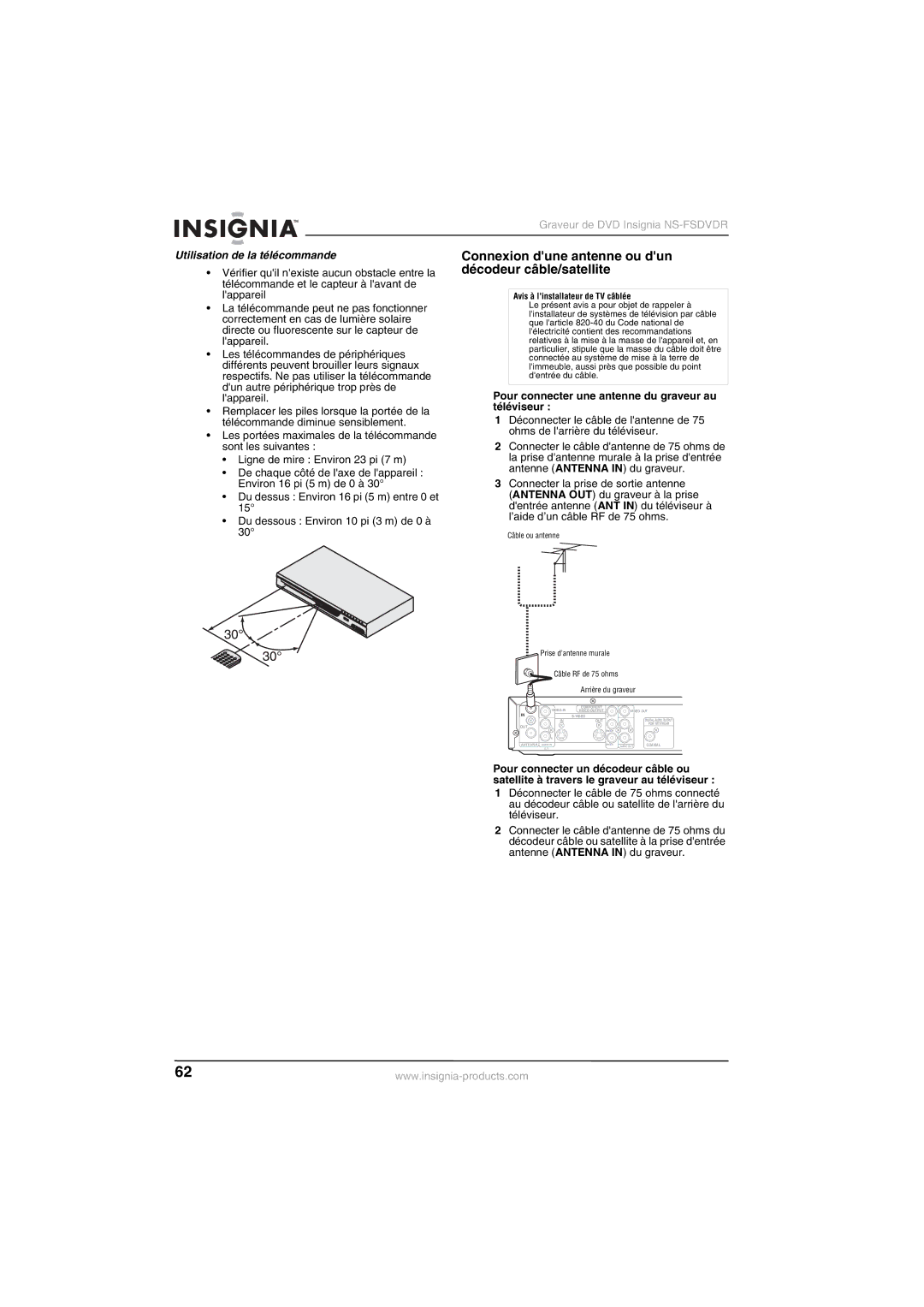 Insignia NS-FSDVDR manual Connexion dune antenne ou dun décodeur câble/satellite, Utilisation de la télécommande 